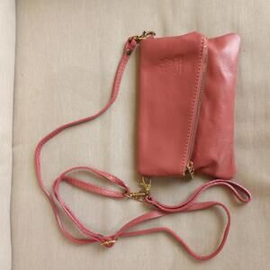 VERA PELLE Mauve Leather Crossbody Wristlet Clutch Shoulder Bag